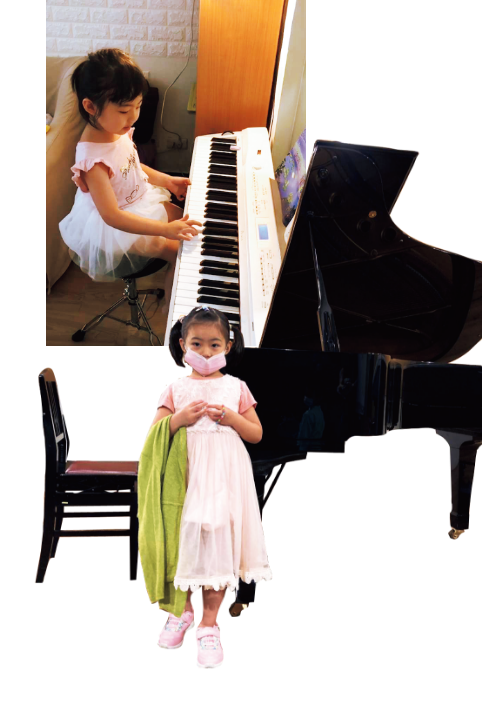 （上）自宅で練習中。（下）コンサートで。