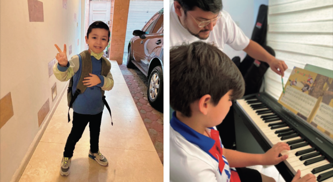 （右）休日は父親が自宅練習をみることも。（左）レッスンは会場が遠いため車で。
