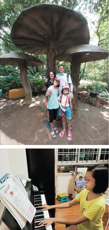 （上）家族で近所の公園にお散歩中。（下）自宅で練習中のエドナさん。