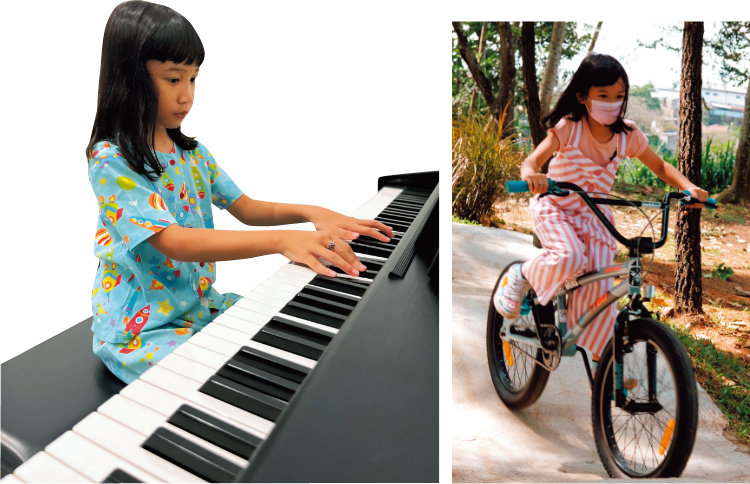 右）公園でロードバイク中。（左）自宅で練習中の様子。